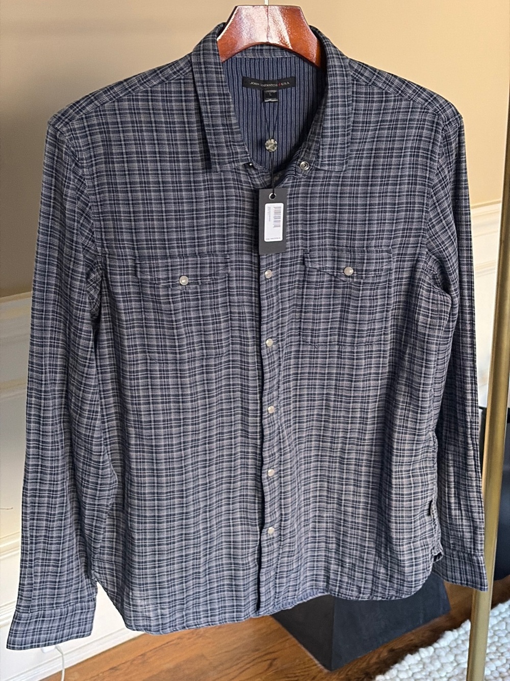 NWT John Varvatos Men's Long-Sleeve Grey Plaid Button-Up Shirt Large
